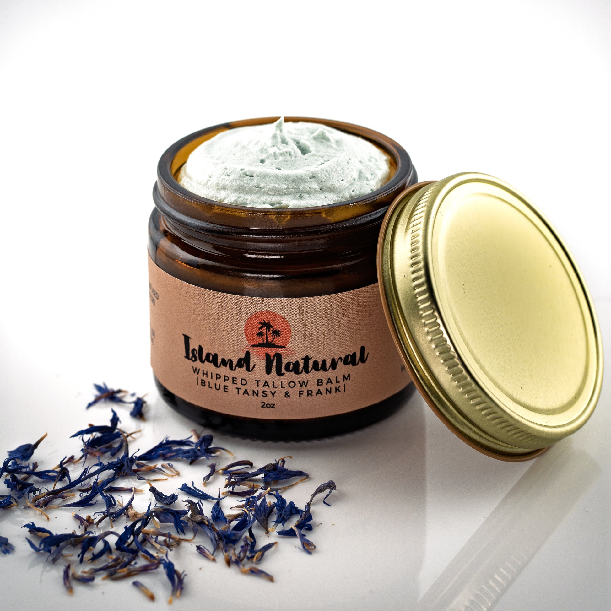 Maui tallow balm blue tansy frankincense whipped moisturizer jar.