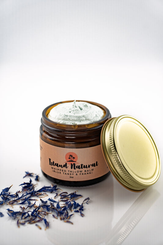 Maui tallow balm blue tansy frankincense whipped moisturizer jar.