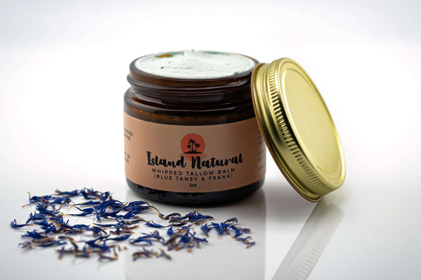 Maui tallow balm blue tansy frankincense whipped moisturizer jar.