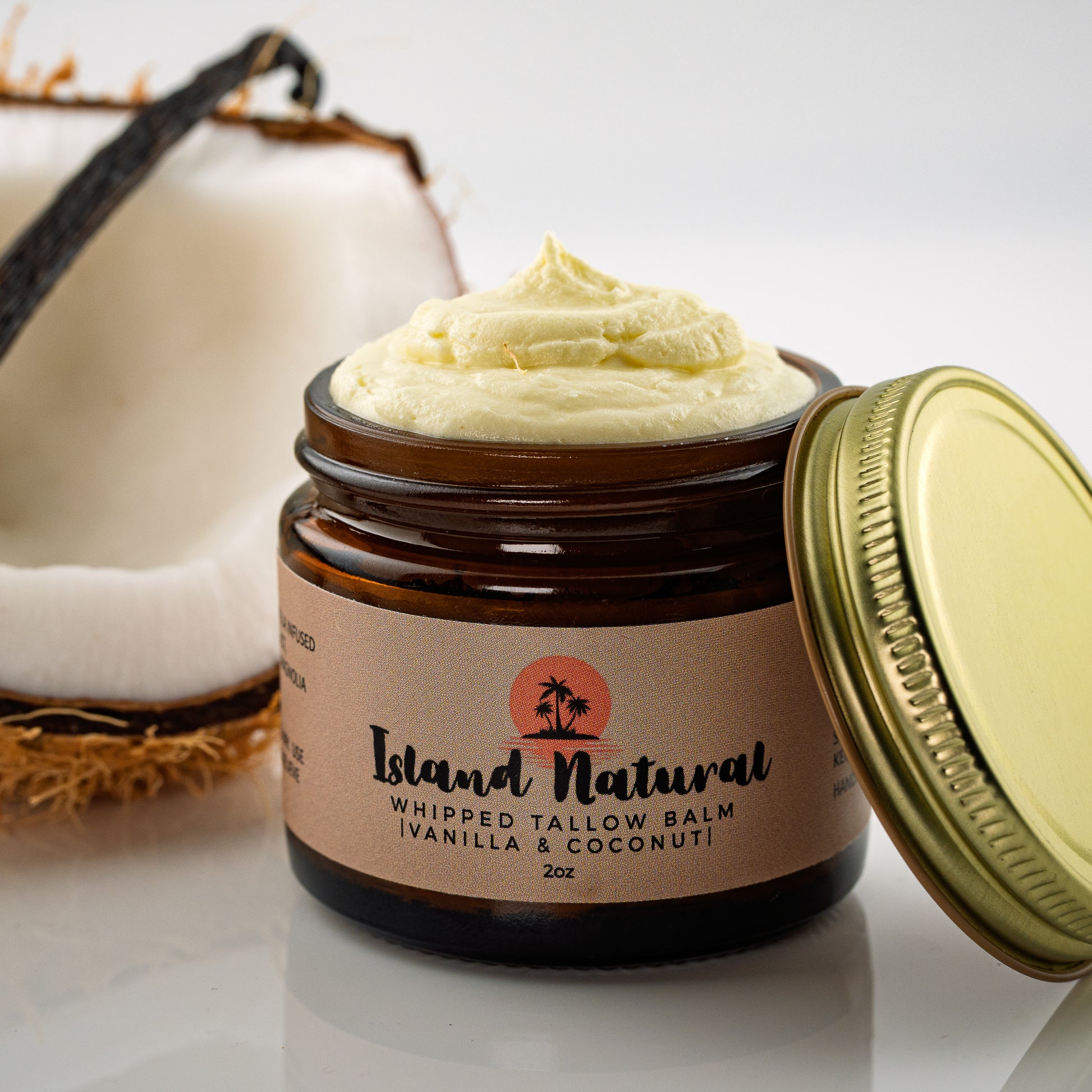 Maui tallow balm coconut vanilla whipped moisturizer jar.