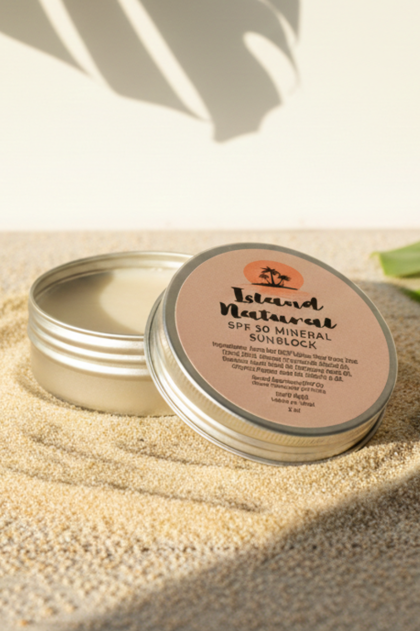 Tin of Island Natural Skincare sunscreen on sand with a leaf in the background